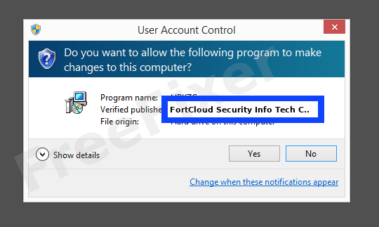 Screenshot where FortCloud Security Info Tech Co.,Ltd. appears as the verified publisher in the UAC dialog